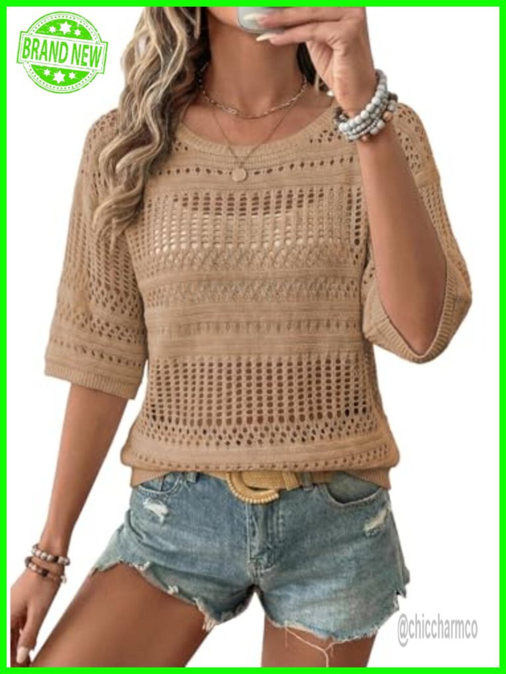 Crochet Hollow Out Knit Pullover Sweater Half Sleeve Women's Top